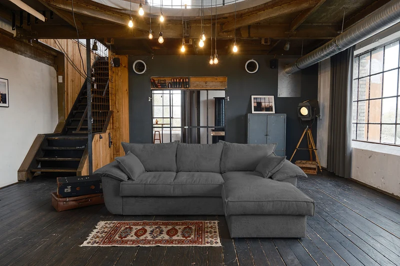 KAWOLA Sofa DAMETO Ecksofa Bettsofa Schlafsofa mit Stauraum Cord grau