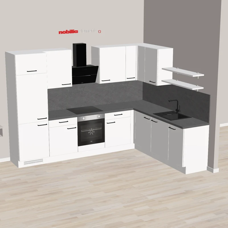 nobilia Moderne L-Küche Lehrte 305 x 230 cm weiß Supermatt Schiefer graue Arbeitsplatte mit Kopffreihaube, Backofen, Kochfeld autark