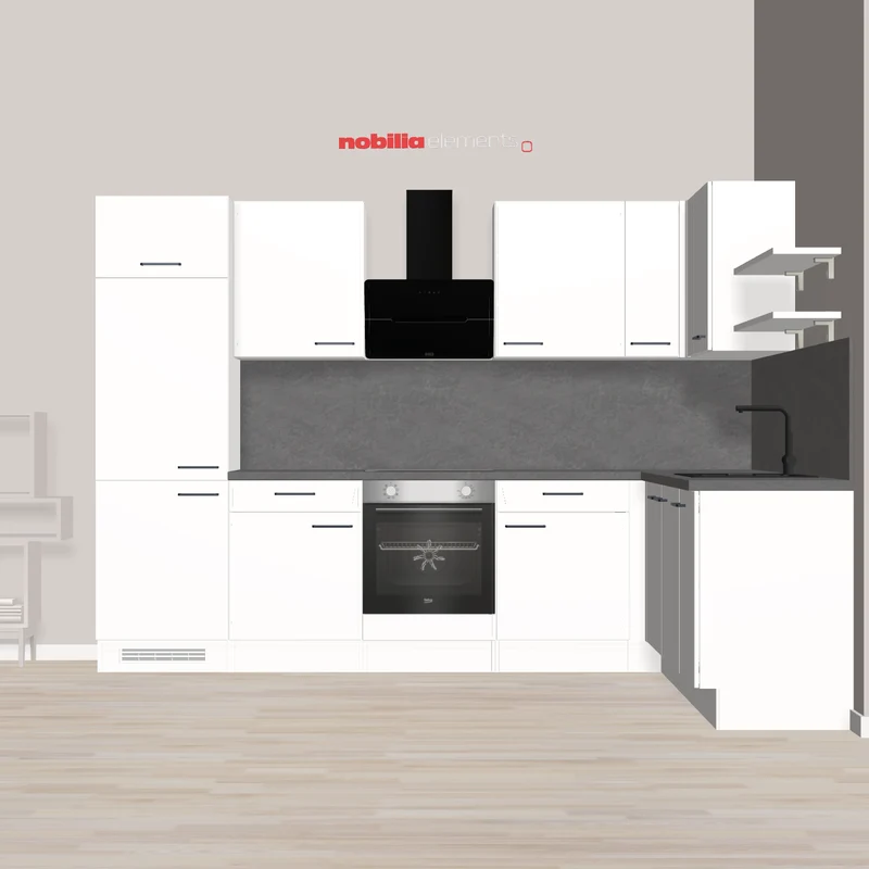 nobilia Moderne L-Küche Lehrte 305 x 230 cm weiß Supermatt Schiefer graue Arbeitsplatte mit Kopffreihaube, Backofen, Kochfeld autark