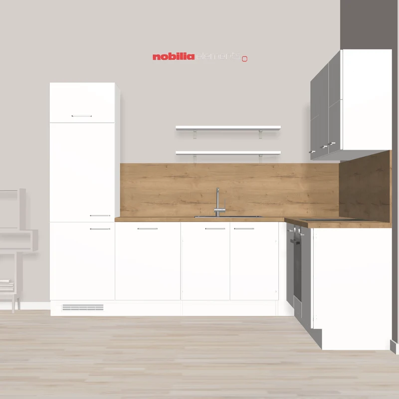 nobilia Kleine Familienküche - Ecklösung Brühl 275 x 245 cm Alpinweiss warme Arbeitsplatte viel Staurraum mit Solo-Backofen und Kochfeld
