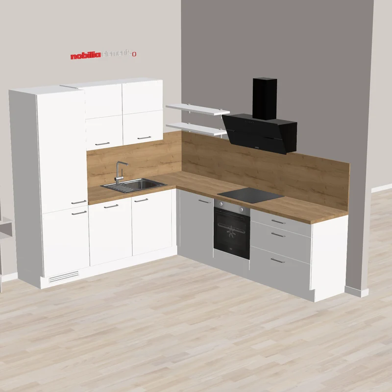 nobilia L-Form Kompakte Einsteigerküche Neustadt am Rübenberge 245 x 275 cm weiss Eiche Holzfarben mit viel Freiraum, noch erweiterbar
