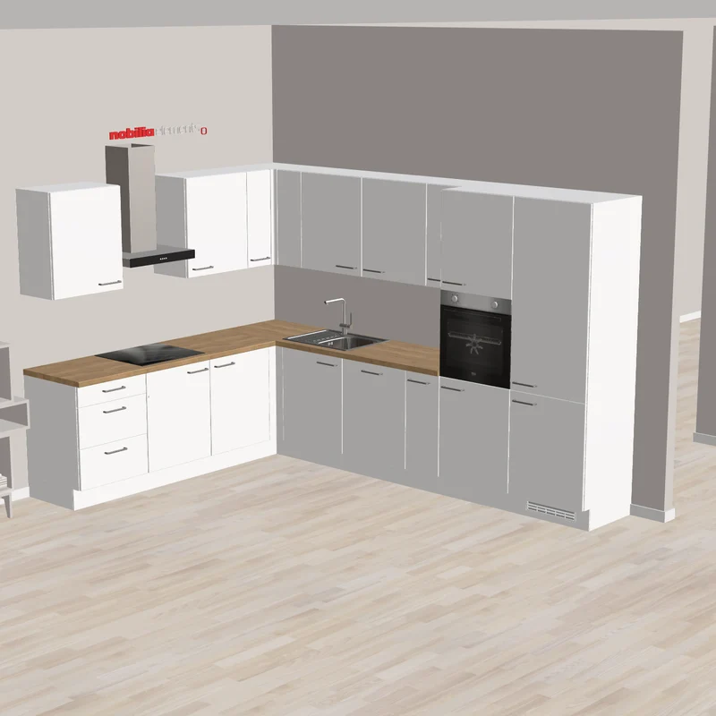 nobilia Eck-Küchenzeile Bruchsal 245 x 335 cm weiß matt Eiche warme Arbeitsplatte Eck-Küche mit hocheingebauten Backofen und Wandhaube
