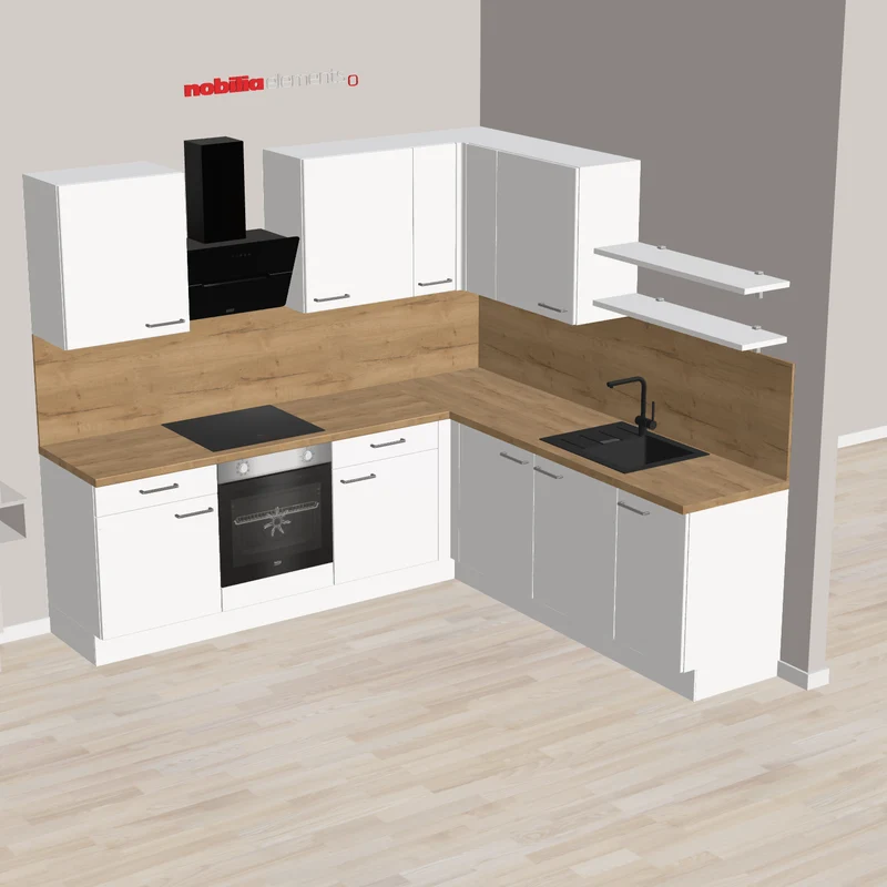 nobilia L-Küche Bünde 245 x 230 cm Alpinweiß Eiche Sierra moderne Arbeitsplatte mit E-Geräten - Mischbatterie Live mit Brause schwarz - FRANKE Einbauspüle Sirius, aus Tectonite Carbon Ausstattung