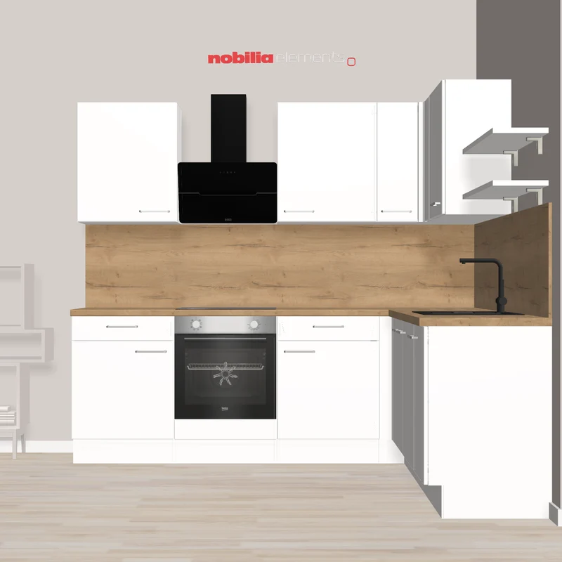 nobilia L-Küche Bünde 245 x 230 cm Alpinweiß Eiche Sierra moderne Arbeitsplatte mit E-Geräten - Mischbatterie Live mit Brause schwarz - FRANKE Einbauspüle Sirius, aus Tectonite Carbon Ausstattung