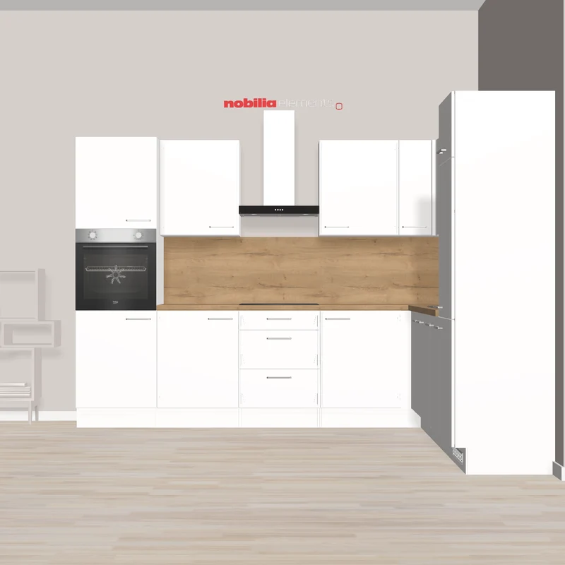 nobilia L-Form Küchenzeile Gotha 305 x 290 cm weiß matt Eiche Sierra mit E-Geräten wie Wandhaube Kochfeld und Backofen