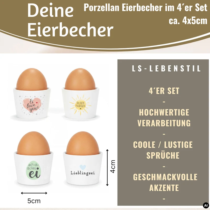 4x Porzellan Eierbecher Set lustige witzige Sprüche Gute Laune Eierhalter