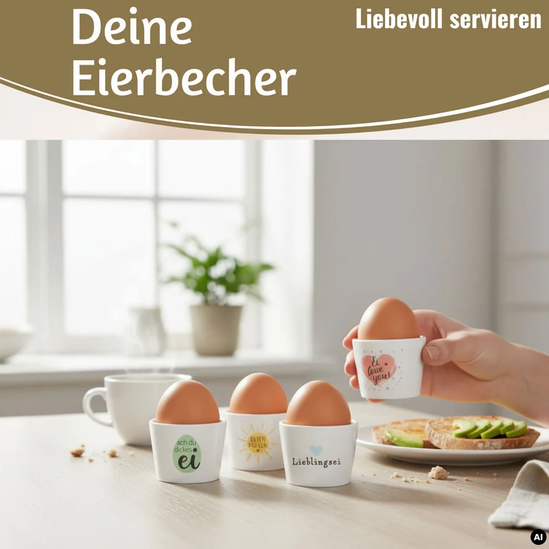 4x Porzellan Eierbecher Set lustige witzige Sprüche Gute Laune Eierhalter