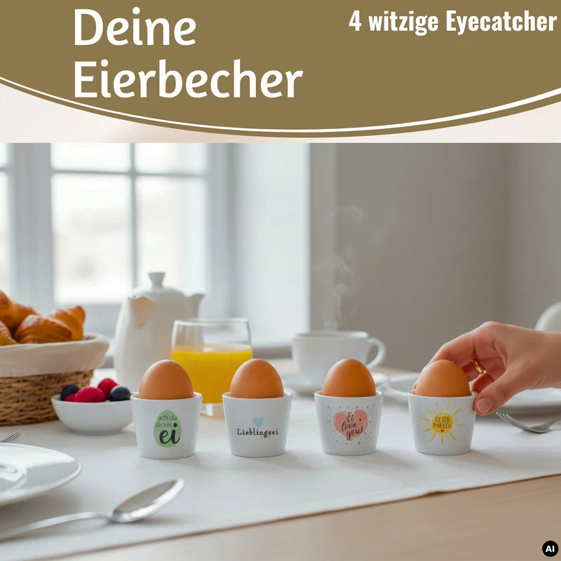 4x Porzellan Eierbecher Set lustige witzige Sprüche Gute Laune Eierhalter