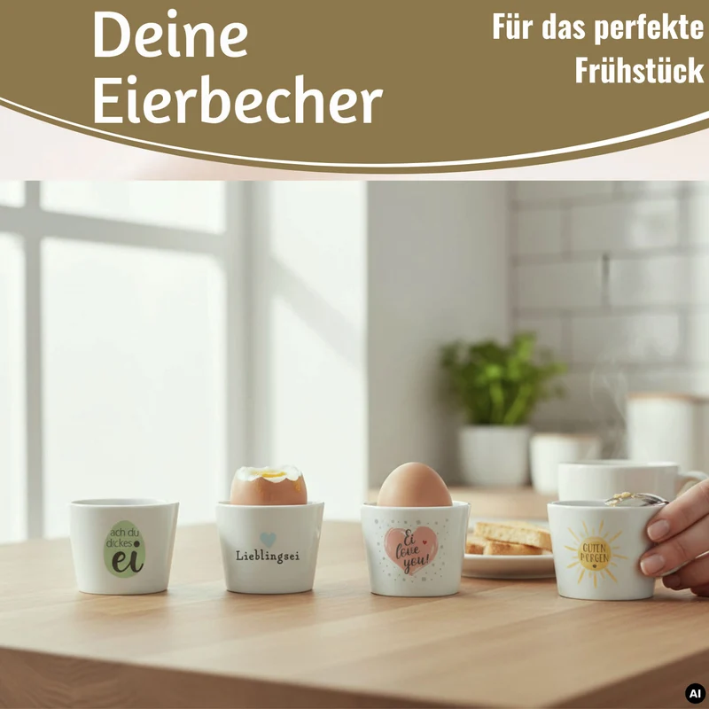 4x Porzellan Eierbecher Set lustige witzige Sprüche Gute Laune Eierhalter