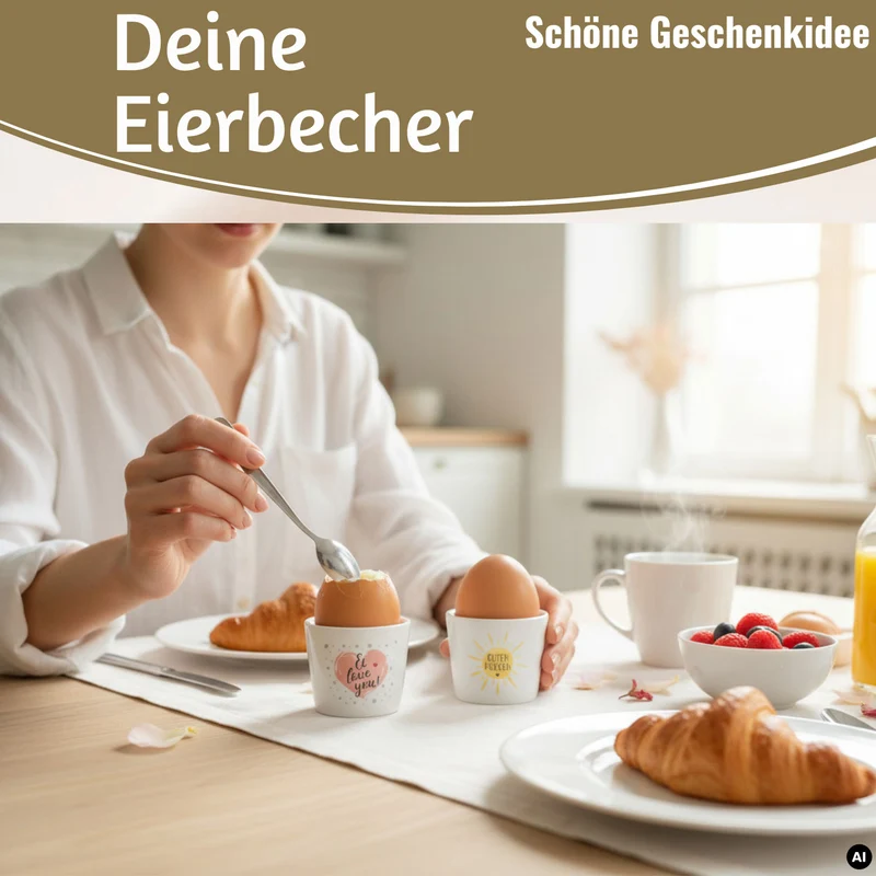 4x Porzellan Eierbecher Set lustige witzige Sprüche Gute Laune Eierhalter