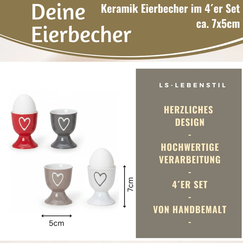 4x Keramik Eierbecher Set Herz Grau Weiß Rot Braun Gute Laune Eierhalter
