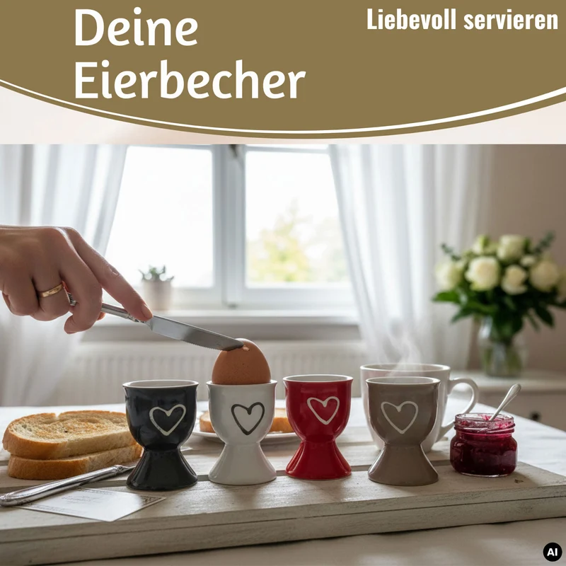 4x Keramik Eierbecher Set Herz Grau Weiß Rot Braun Gute Laune Eierhalter