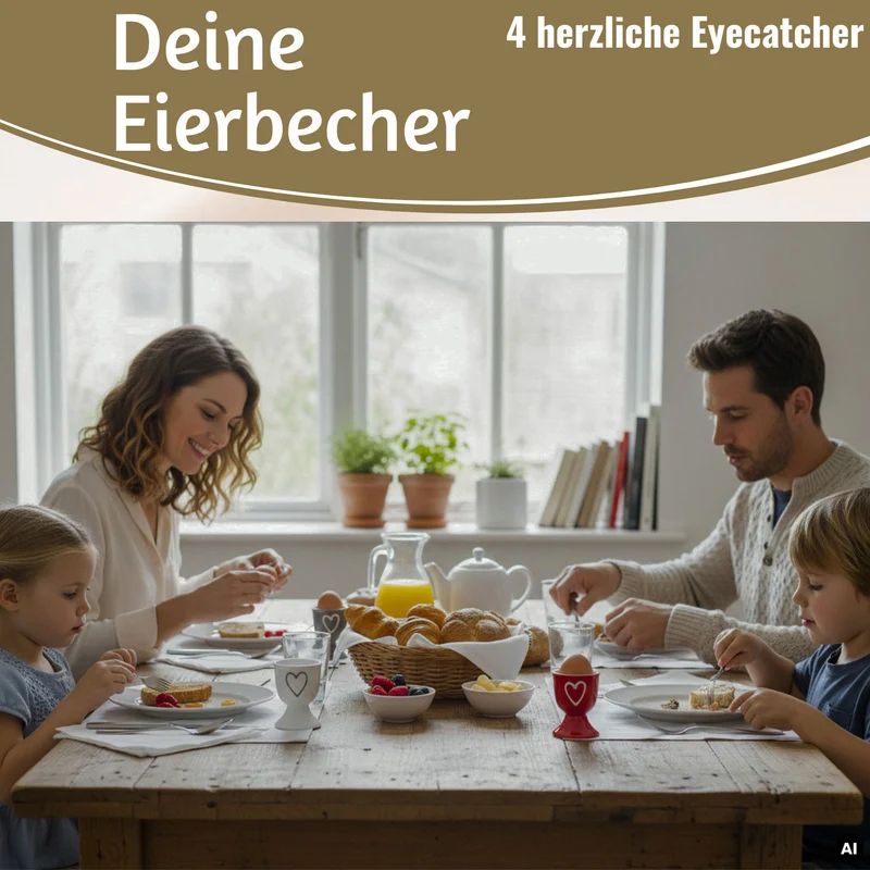 4x Keramik Eierbecher Set Herz Grau Weiß Rot Braun Gute Laune Eierhalter