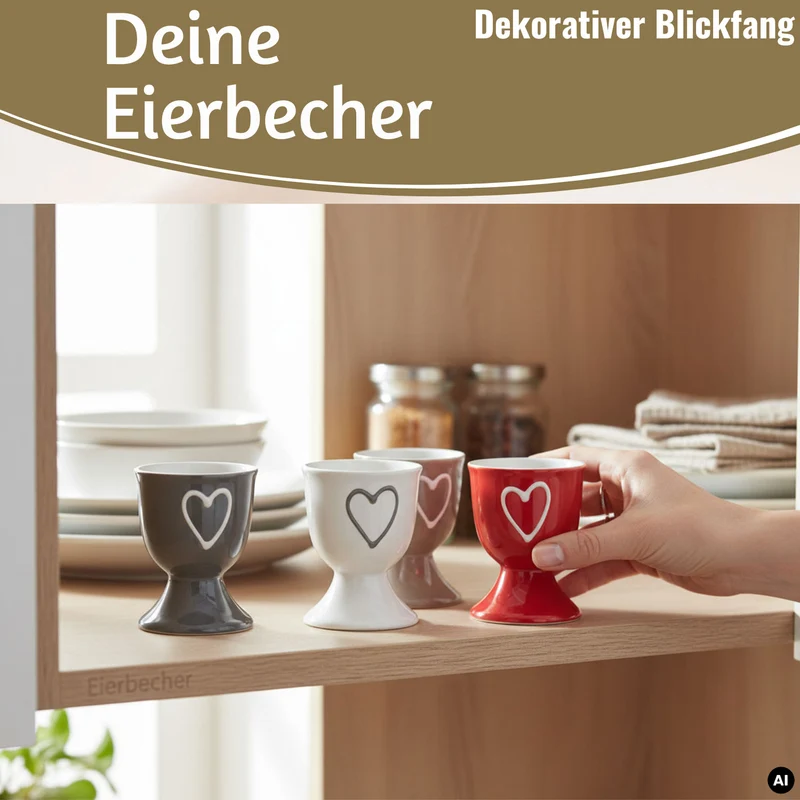 4x Keramik Eierbecher Set Herz Grau Weiß Rot Braun Gute Laune Eierhalter