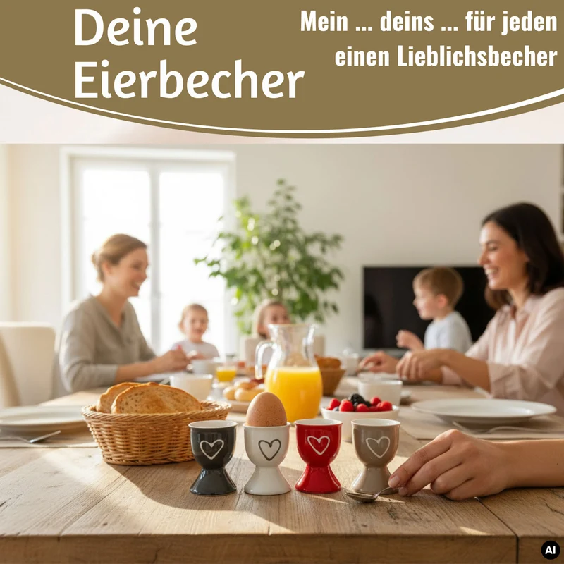 4x Keramik Eierbecher Set Herz Grau Weiß Rot Braun Gute Laune Eierhalter
