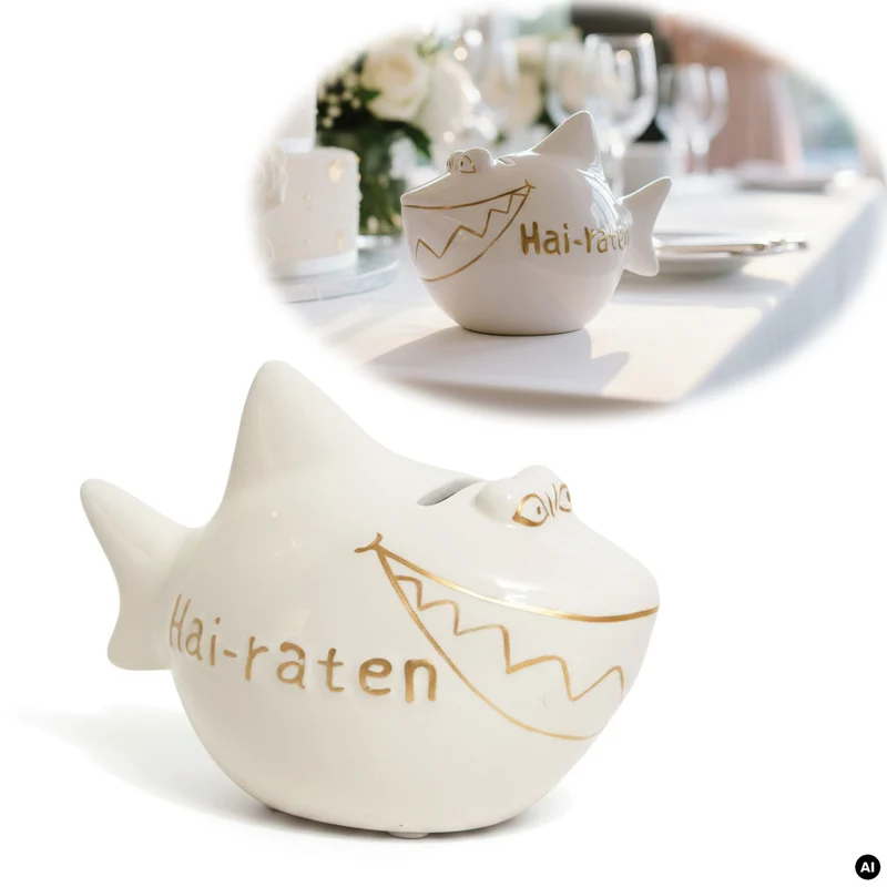 Keramik Sparschwein Spruch Hai-Raten Weiß Gold Hochzeit Spardose Sparbüchse