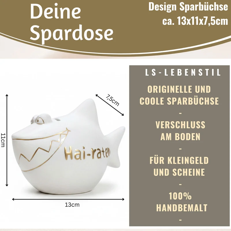 Keramik Sparschwein Spruch Hai-Raten Weiß Gold Hochzeit Spardose Sparbüchse