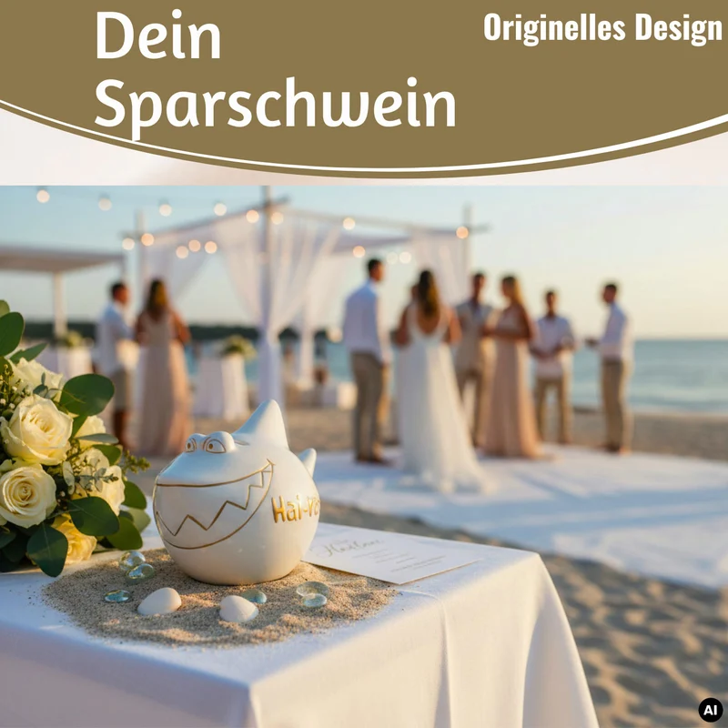 Keramik Sparschwein Spruch Hai-Raten Weiß Gold Hochzeit Spardose Sparbüchse