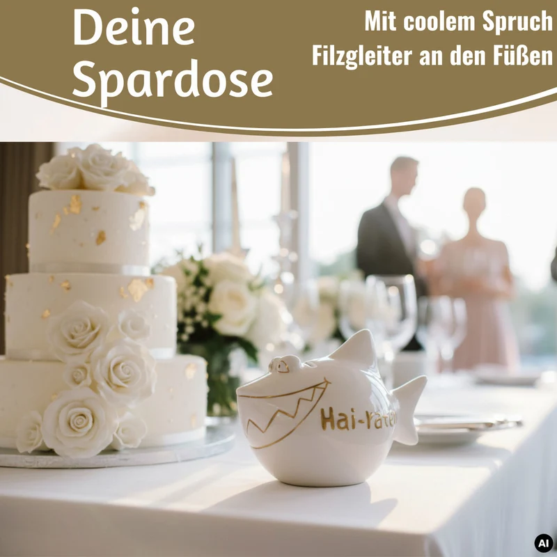Keramik Sparschwein Spruch Hai-Raten Weiß Gold Hochzeit Spardose Sparbüchse
