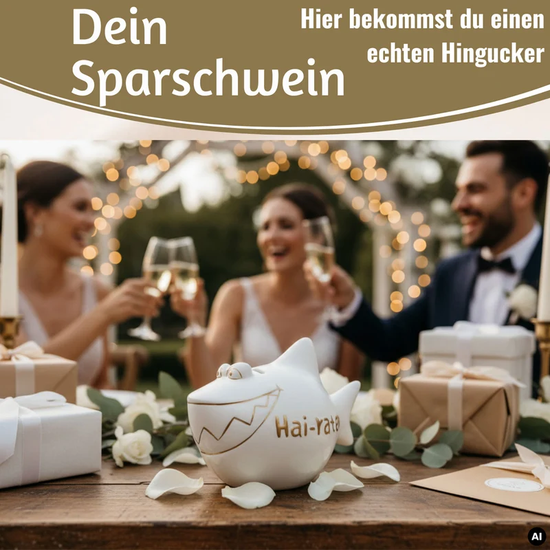 Keramik Sparschwein Spruch Hai-Raten Weiß Gold Hochzeit Spardose Sparbüchse