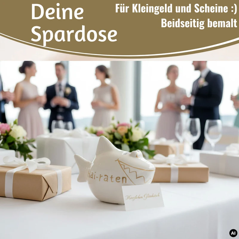 Keramik Sparschwein Spruch Hai-Raten Weiß Gold Hochzeit Spardose Sparbüchse