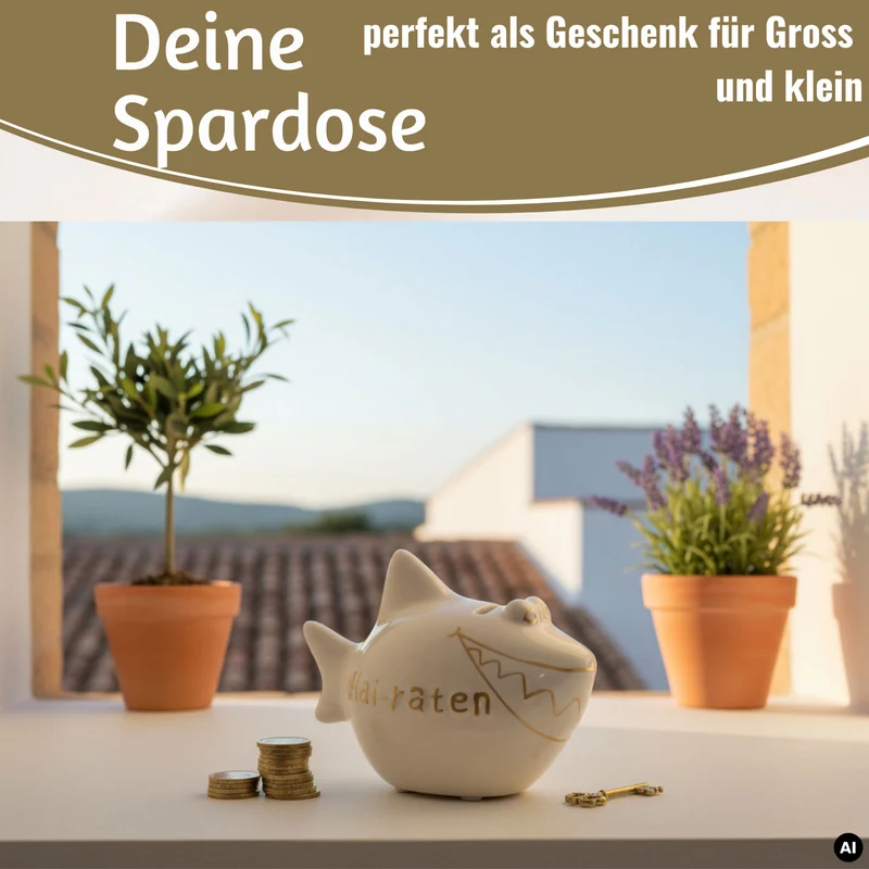 Keramik Sparschwein Spruch Hai-Raten Weiß Gold Hochzeit Spardose Sparbüchse