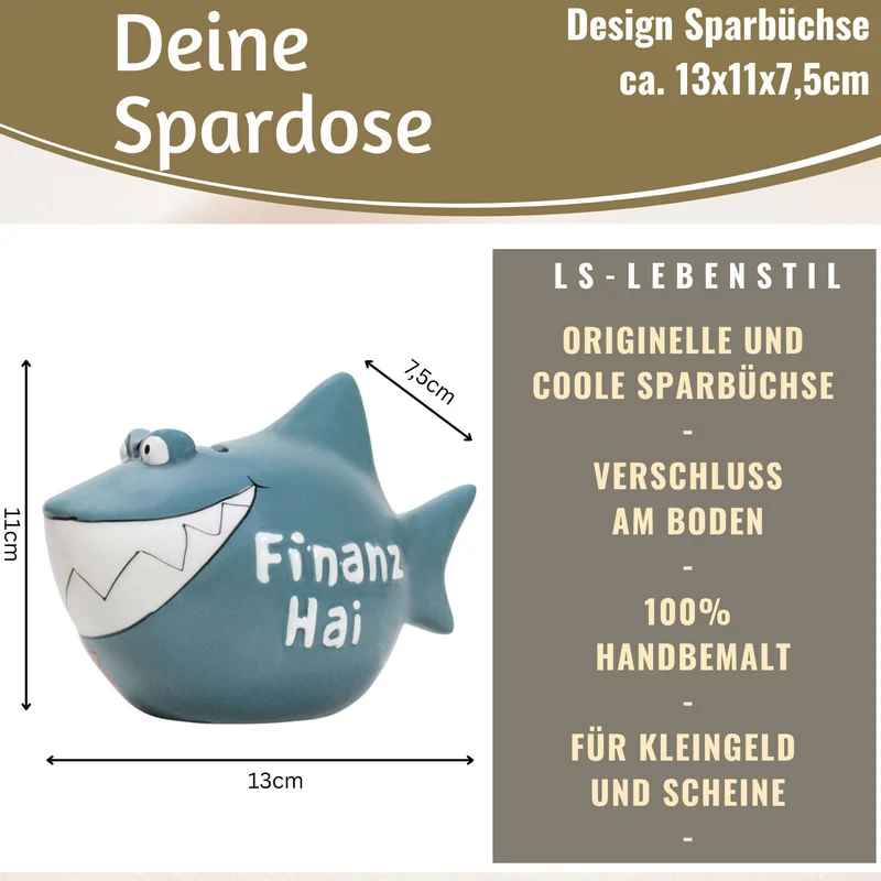 Keramik Sparschwein Spruch Finanz-Hai Blau Weiß Gold Spardose Sparbüchse