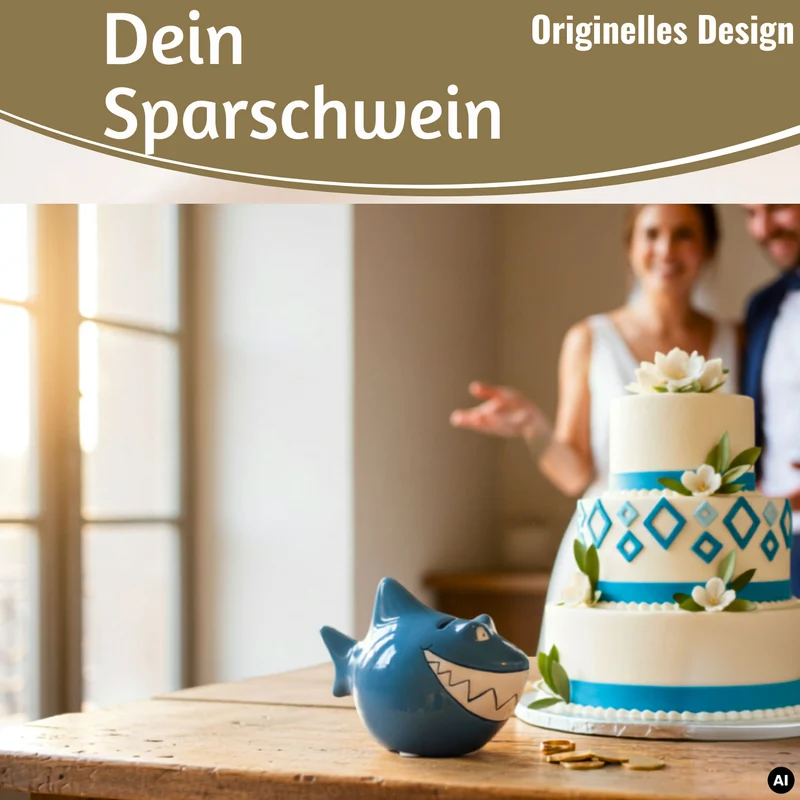 Keramik Sparschwein Spruch Finanz-Hai Blau Weiß Gold Spardose Sparbüchse