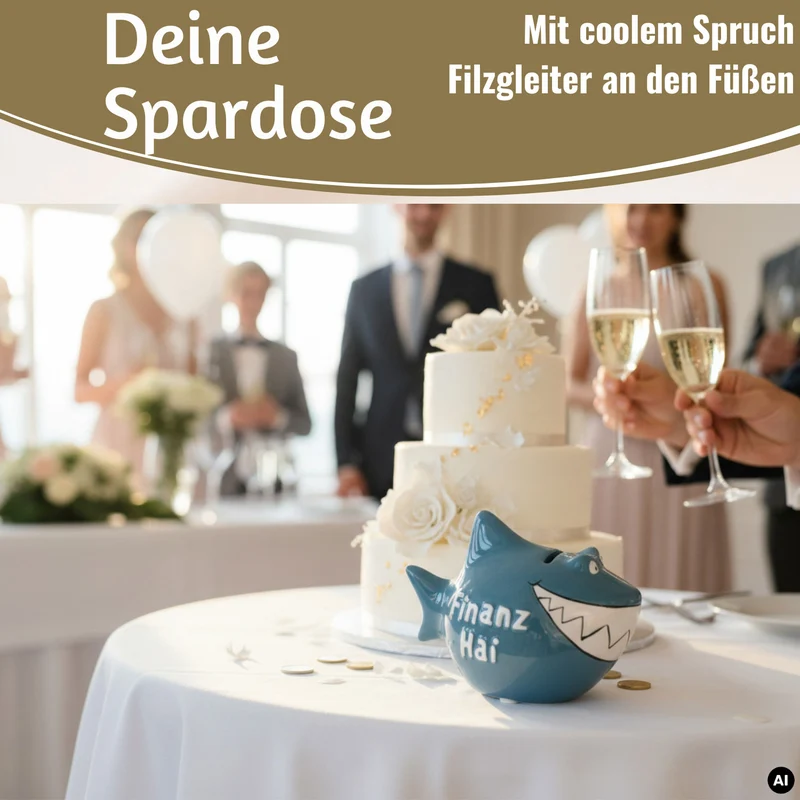 Keramik Sparschwein Spruch Finanz-Hai Blau Weiß Gold Spardose Sparbüchse