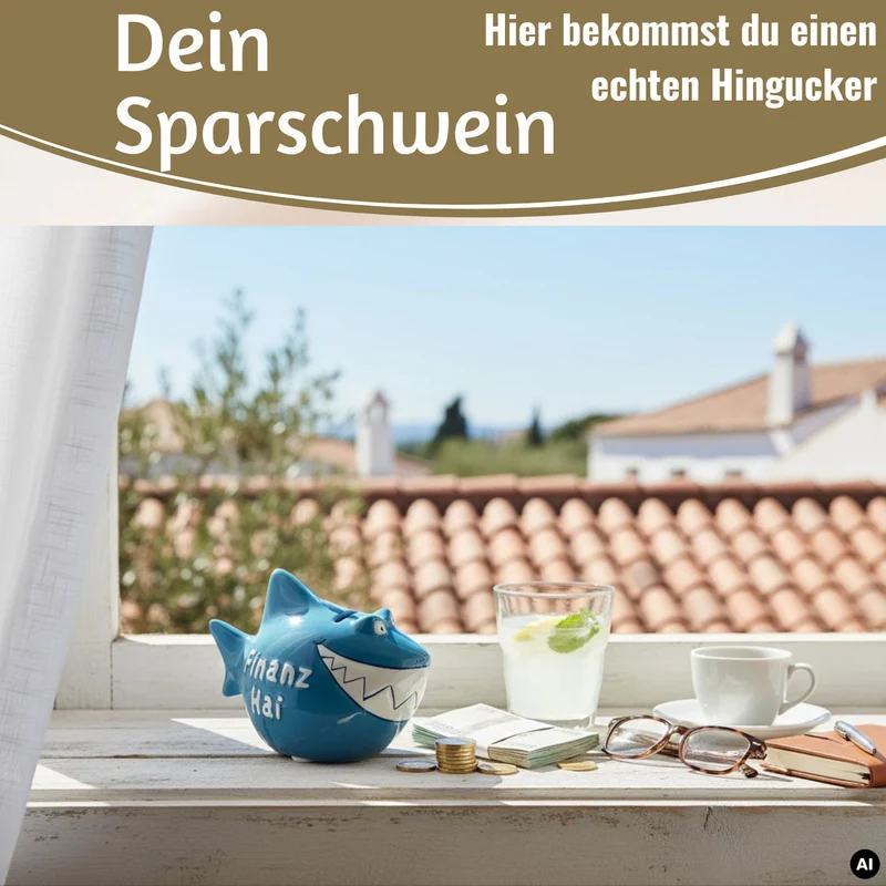 Keramik Sparschwein Spruch Finanz-Hai Blau Weiß Gold Spardose Sparbüchse