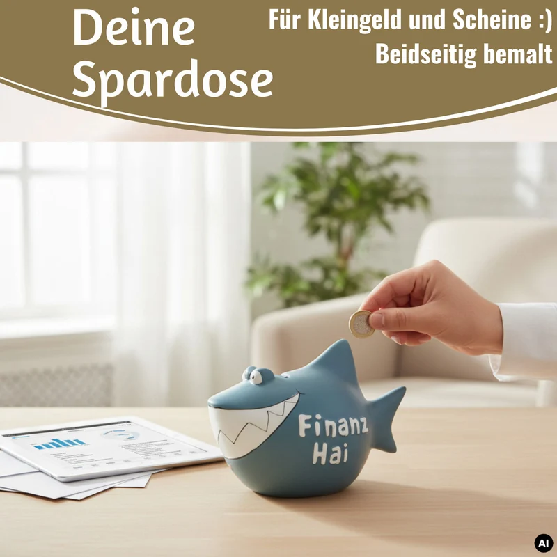 Keramik Sparschwein Spruch Finanz-Hai Blau Weiß Gold Spardose Sparbüchse