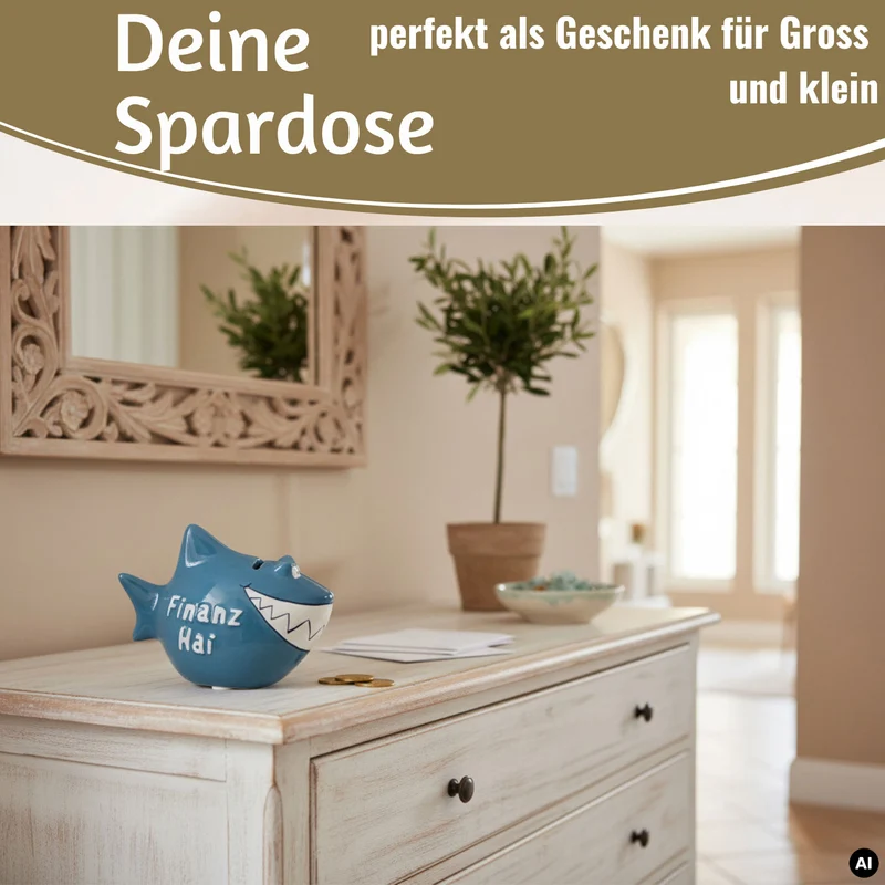 Keramik Sparschwein Spruch Finanz-Hai Blau Weiß Gold Spardose Sparbüchse
