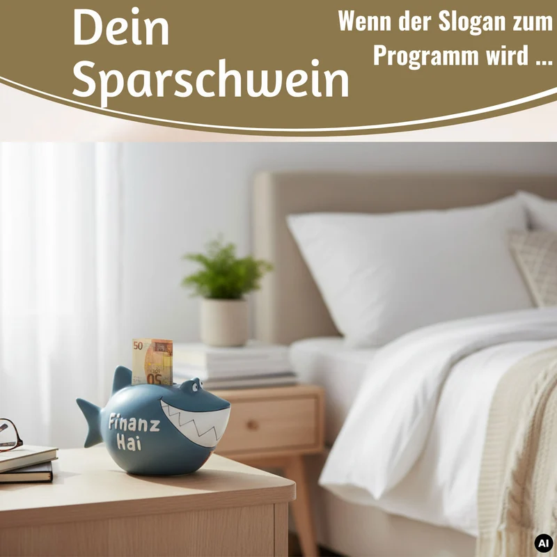 Keramik Sparschwein Spruch Finanz-Hai Blau Weiß Gold Spardose Sparbüchse