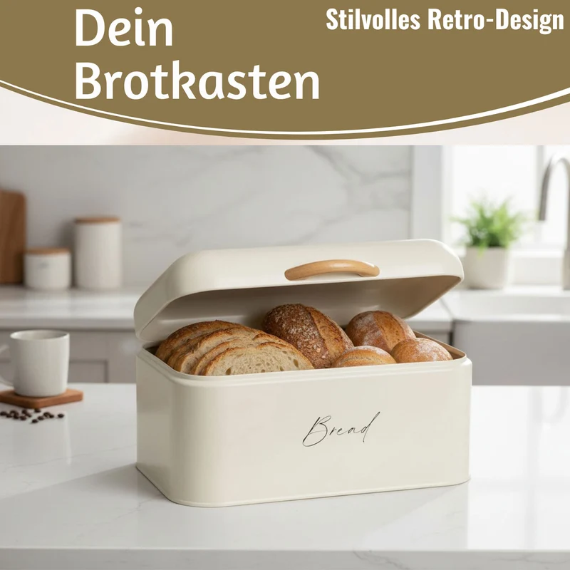 Vintage Brotkasten Weiß 30cm Slogan Bread Metall mit Deckel Retro Brotbox Aufbewahrungskorb