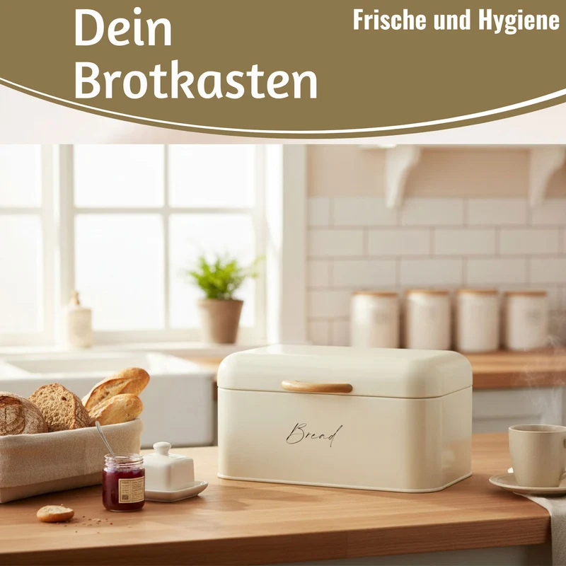 Vintage Brotkasten Weiß 30cm Slogan Bread Metall mit Deckel Retro Brotbox Aufbewahrungskorb