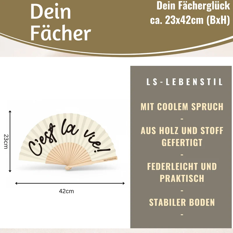 Handfächer Holz Stoff Fächer "C´est la Vie" Weiß Schwarz faltbar Faltfächer