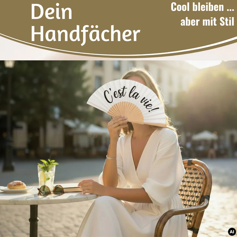 Handfächer Holz Stoff Fächer "C´est la Vie" Weiß Schwarz faltbar Faltfächer