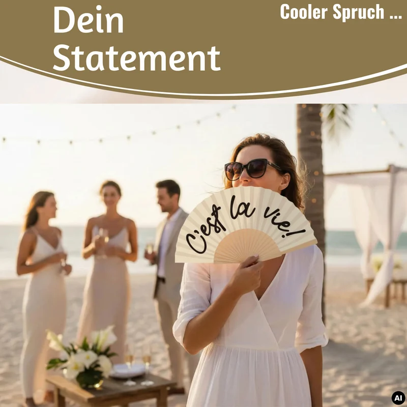 Handfächer Holz Stoff Fächer "C´est la Vie" Weiß Schwarz faltbar Faltfächer