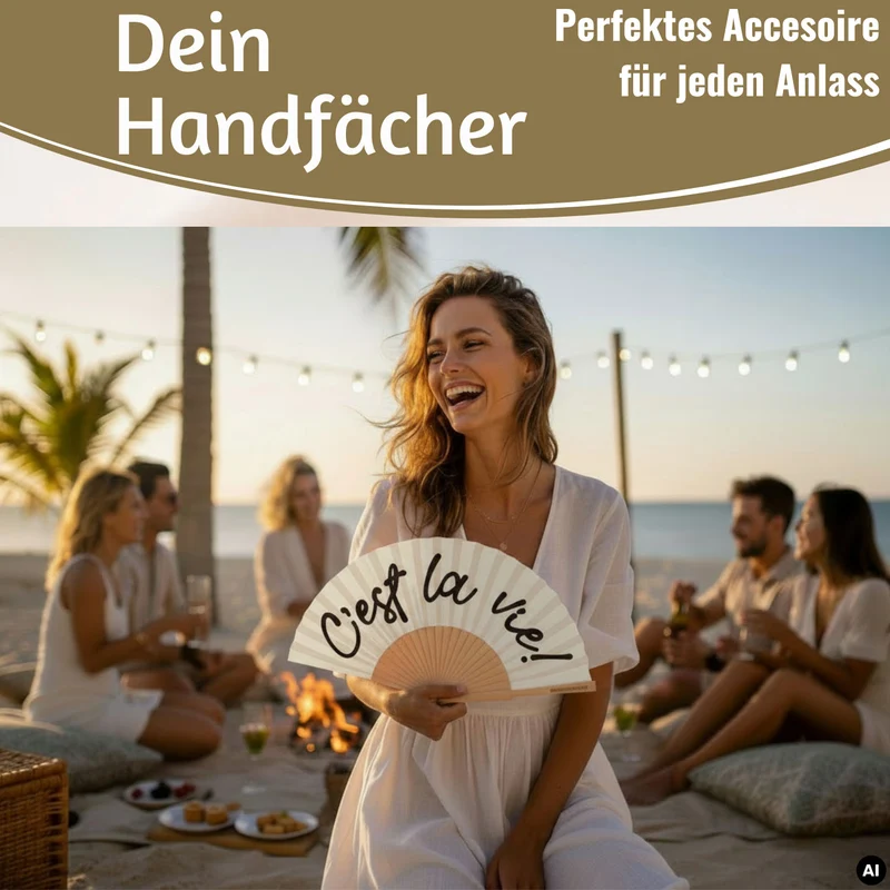 Handfächer Holz Stoff Fächer "C´est la Vie" Weiß Schwarz faltbar Faltfächer