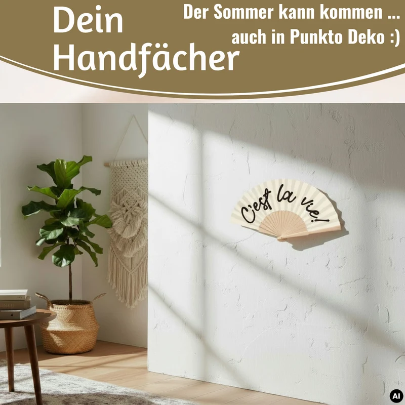 Handfächer Holz Stoff Fächer "C´est la Vie" Weiß Schwarz faltbar Faltfächer