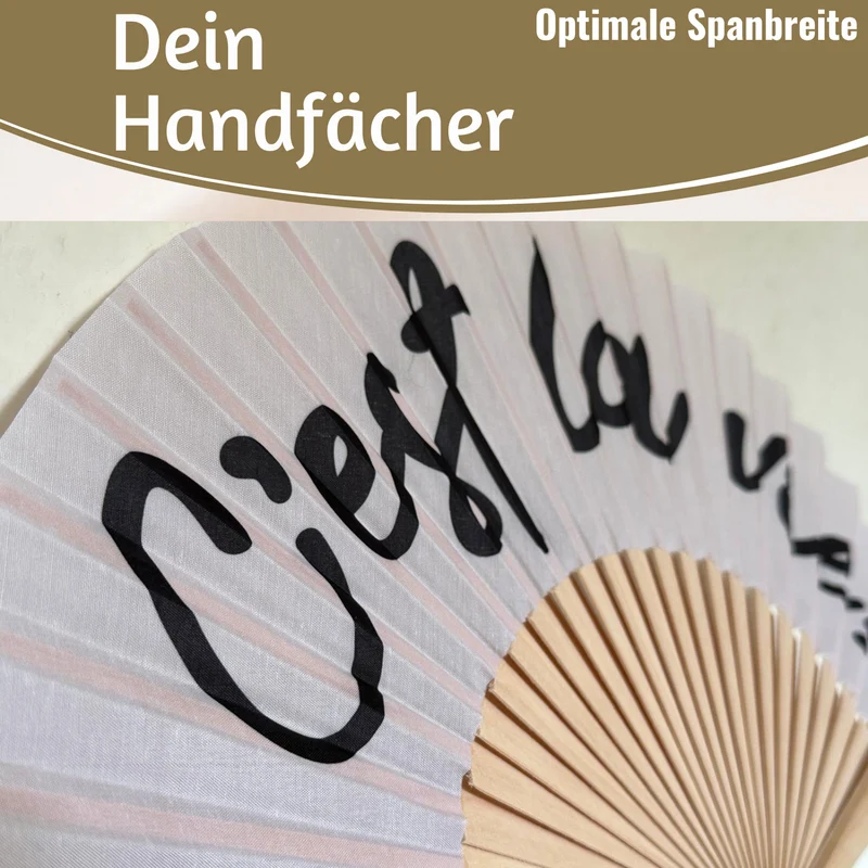 Handfächer Holz Stoff Fächer "C´est la Vie" Weiß Schwarz faltbar Faltfächer