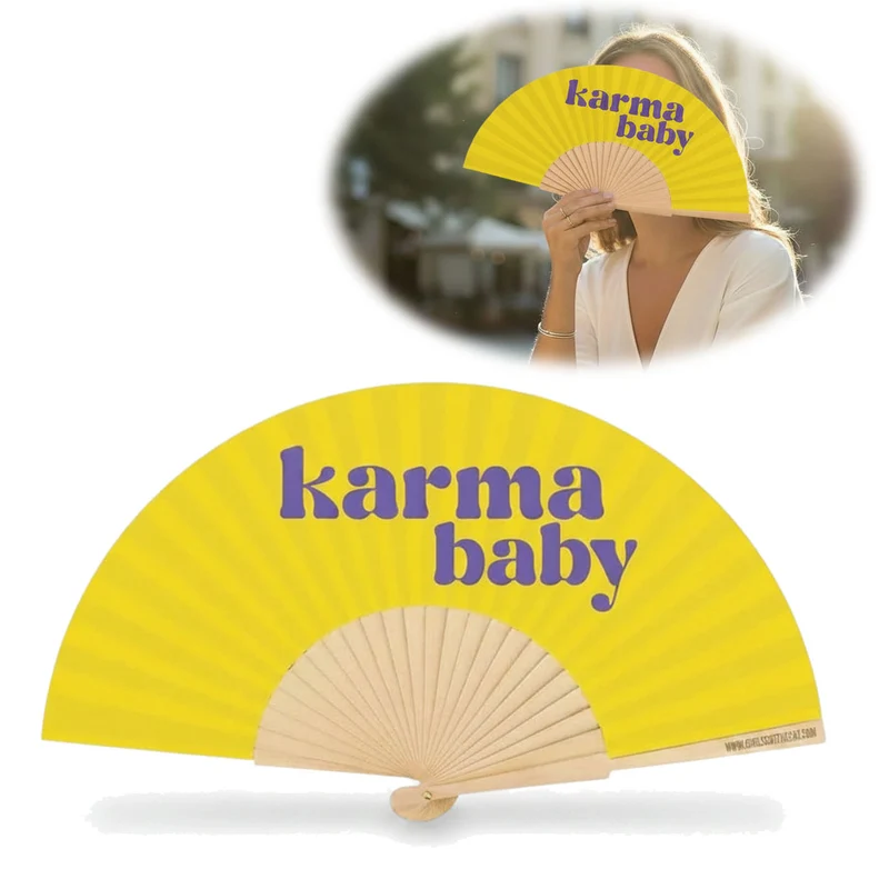 Handfächer Holz Stoff Fächer "Karma Baby" Gelb Lila faltbar Faltfächer