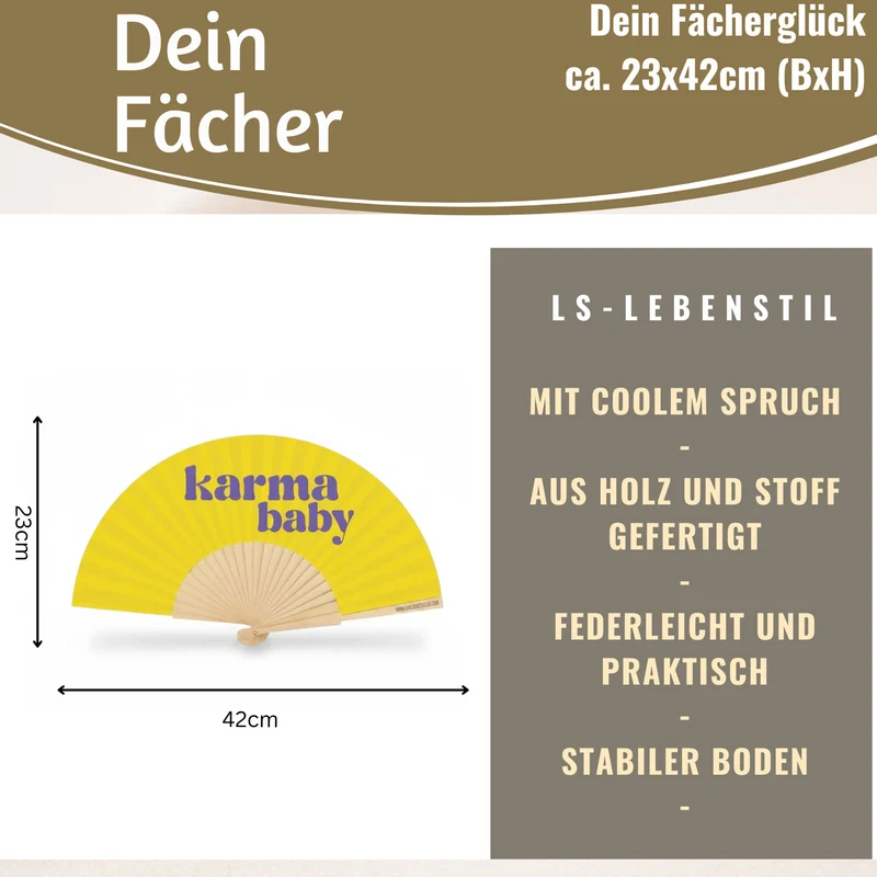Handfächer Holz Stoff Fächer "Karma Baby" Gelb Lila faltbar Faltfächer