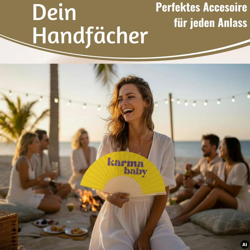 Handfächer Holz Stoff Fächer "Karma Baby" Gelb Lila faltbar Faltfächer