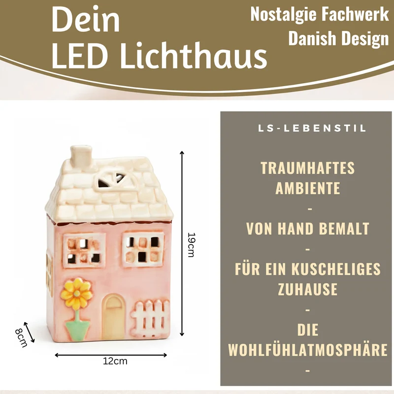 LED Lichterhaus Nyhavn 19cm Rosa Keramik Fachwerkhaus Leuchthaus