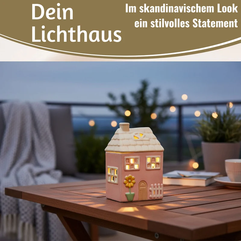 LED Lichterhaus Nyhavn 19cm Rosa Keramik Fachwerkhaus Leuchthaus