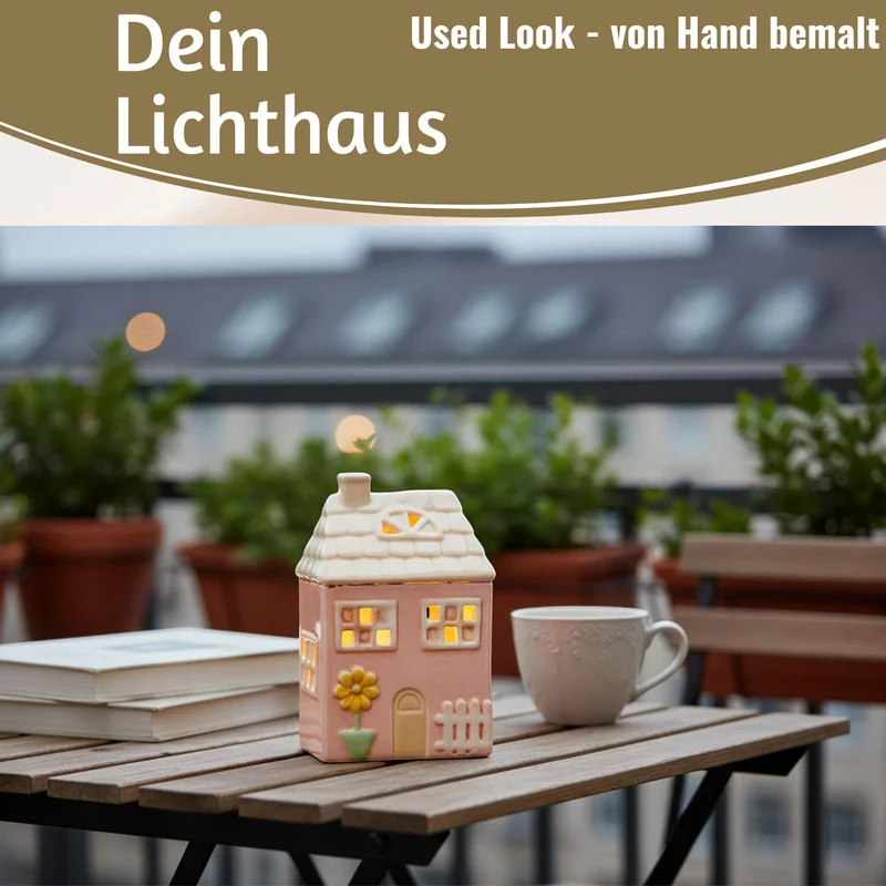 LED Lichterhaus Nyhavn 19cm Rosa Keramik Fachwerkhaus Leuchthaus