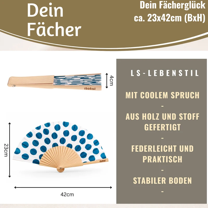 Handfächer Holz Stoff Fächer "Punkte" Weiß Blau faltbar Faltfächer