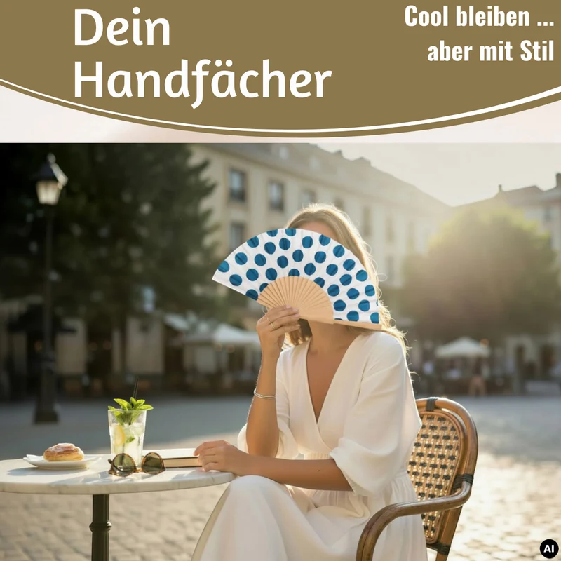 Handfächer Holz Stoff Fächer "Punkte" Weiß Blau faltbar Faltfächer