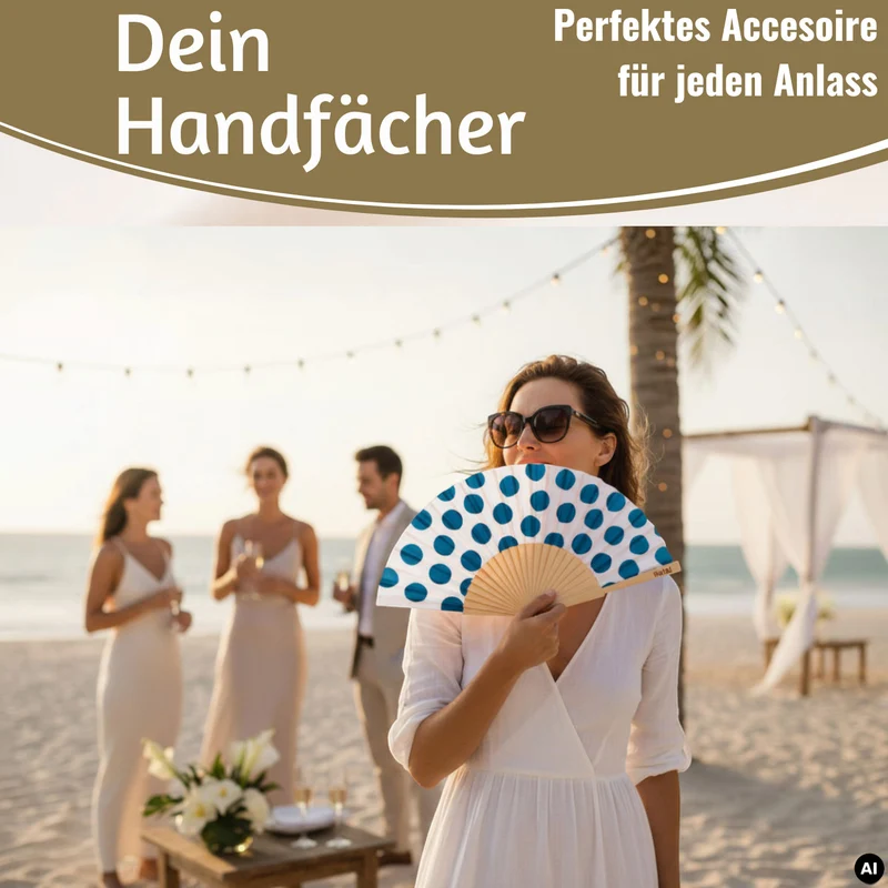 Handfächer Holz Stoff Fächer "Punkte" Weiß Blau faltbar Faltfächer